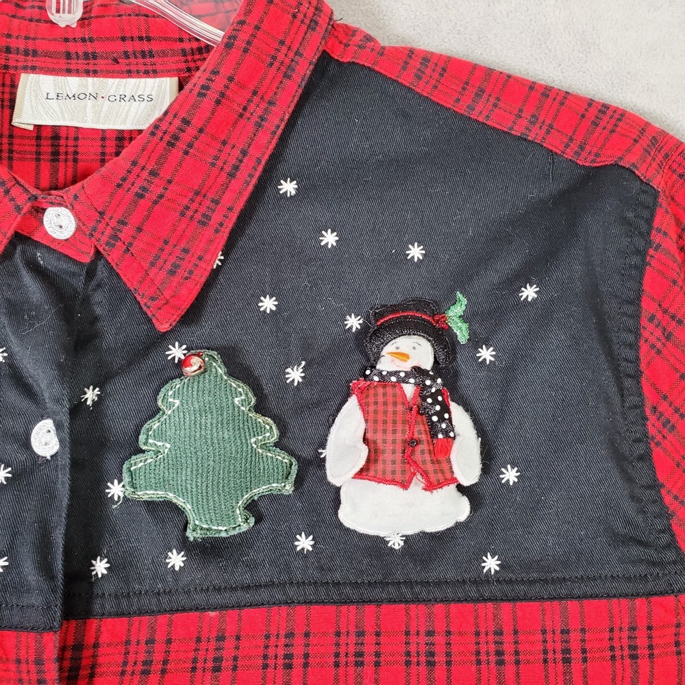 Lemon Grass Holiday Top Womens XL Red Black Plaid Button Santa Snowman Christmas - Picture 3 of 9